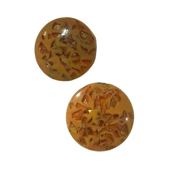 Vintage Gold Fleck Lucite Clip On Earrings Large Statement Cream Discs 1950-60s - Picture 5 of 5